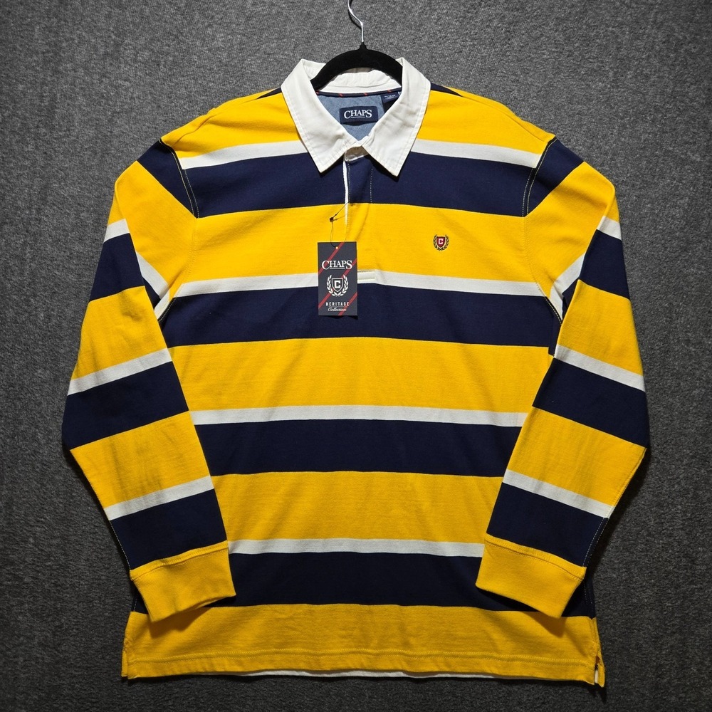 NWT Chaps Heritage Long Sleeve Striped Rugby Crest Polo Shirt XL Yellow  Preppy